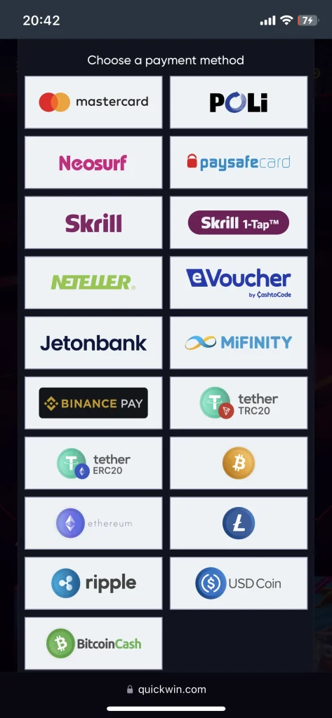 QuickWin Casino payment