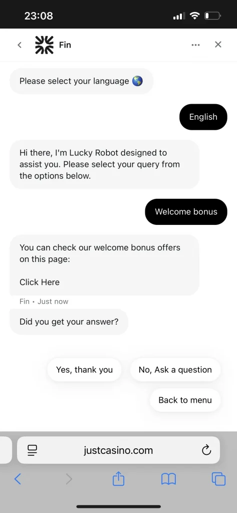 Just Casino support