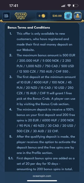 Oceanspin Casino bonus